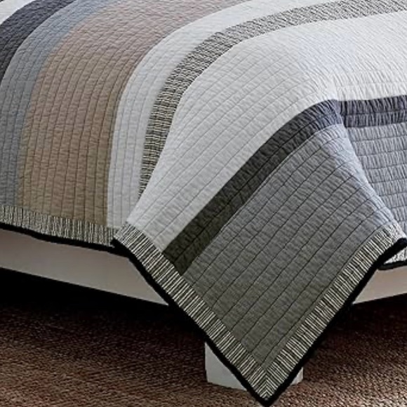 Nautica Tideway Neutral Stripe Cotton Reversible Quilt King - Picture 3 of 7